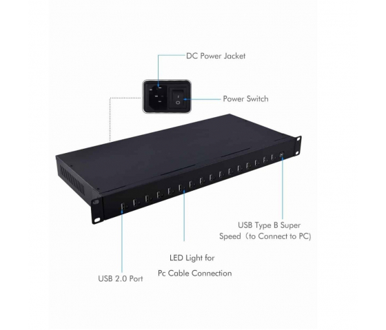 Bravour 16 poort 1U rack monteerbare USB-hub oplader og synkroniserer