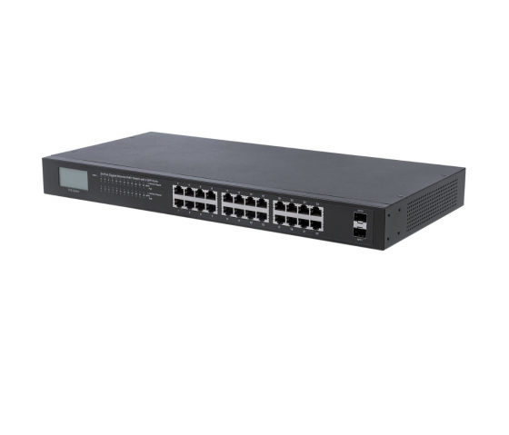24 portars Gigabit Ethernet PoE+-switch med LCD - 370W PoE, rackmonterad