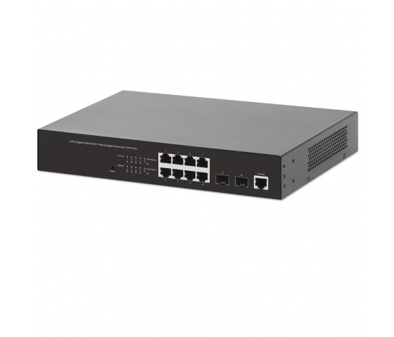 Switch PoE+ a 8 porte Gigabit Ethernet gestito via Web con 2 porte SFP - 140 W PoE, montaggio a rack