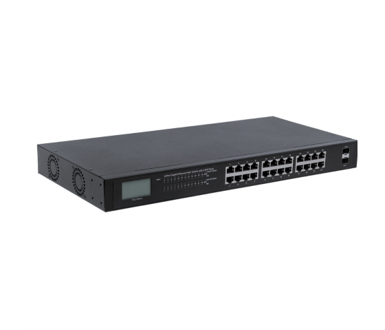 24 portars Gigabit Ethernet PoE+-switch med LCD - 370W PoE, rackmonterad