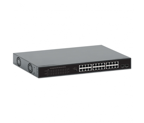 24-Poorts Gigabit Ethernet PoE+ Switch met 2 SFP-poorten - 370W PoE, Rackmount