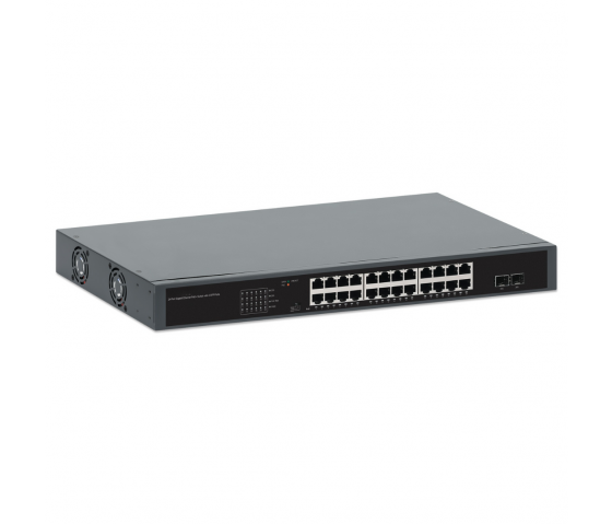 24-Port Gigabit Ethernet PoE+ Switch mit 2 SFP Ports - 370W PoE, selbstheilendes Netzwerk, Rackmount