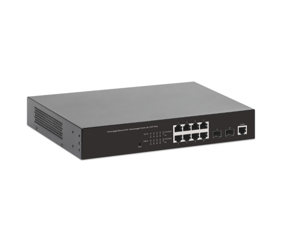 Switch PoE+ a 8 porte Gigabit Ethernet gestito via Web con 2 porte SFP - 140 W PoE, montaggio a rack