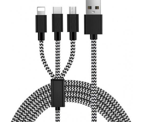3 i 1 kabel med lightning / micro-USB / USB-C-stik