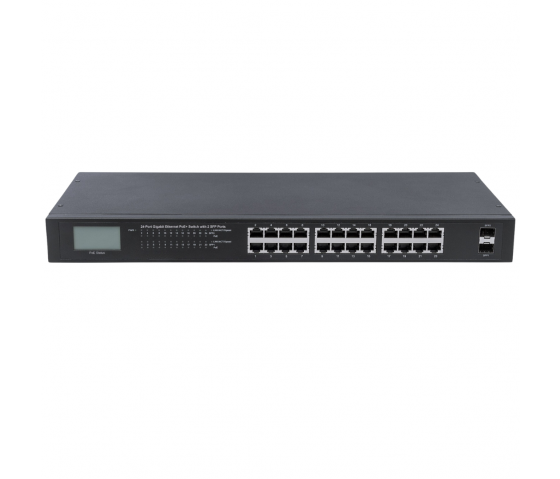 24 portars Gigabit Ethernet PoE+-switch med LCD - 370W PoE, rackmonterad