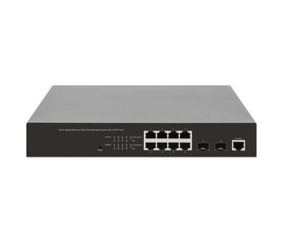 Switch PoE+ a 8 porte Gigabit Ethernet gestito via Web con 2 porte SFP - 140 W PoE, montaggio a rack