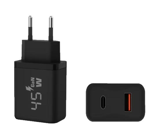 45 W strømadapter med USB-C- og USB-A-stik – sort