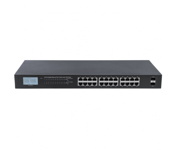 24 portars Gigabit Ethernet PoE+-switch med LCD - 370W PoE, rackmonterad