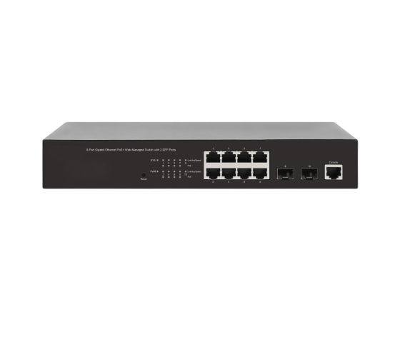 Switch PoE+ a 8 porte Gigabit Ethernet gestito via Web con 2 porte SFP - 140 W PoE, montaggio a rack