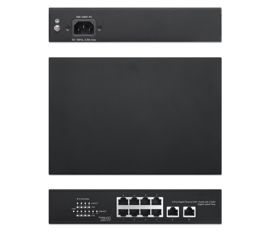 8-Poorts Gigabit Ethernet PoE+ Switch met 2 Uplink-poorten - 120W PoE, Desktop