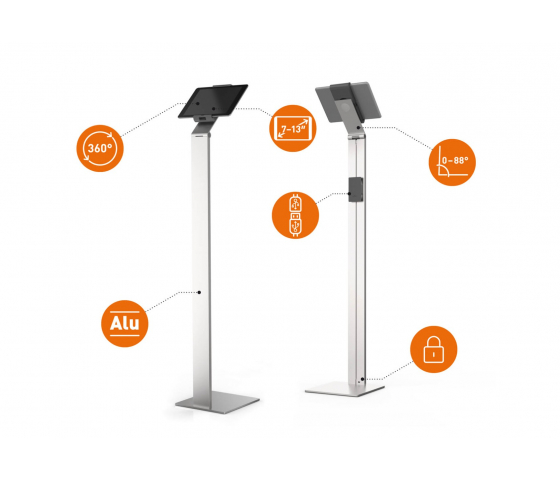 Tablet floor stand Clip-On for tablets between 7 and 13 inches