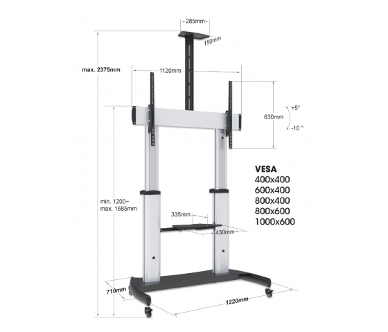 Aluminum Heavy-Duty Height Adjustable Multimedia TV Trolley - 60 to 100 inches