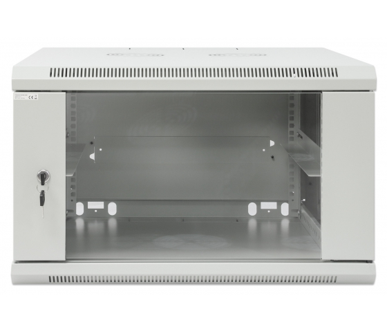 19 inch wandkast MHT135 met glazen deur - 6U hoogte - 600 mm diep - grijs