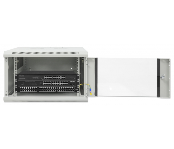 19 inch wandkast MHT135 met glazen deur - 6U hoogte - 600 mm diep - grijs