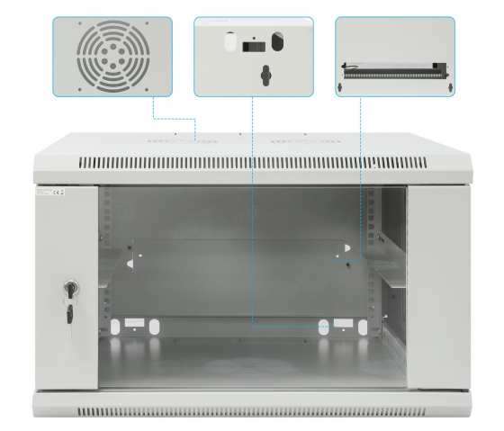 19 inch wandkast MHT135 met glazen deur - 6U hoogte - 600 mm diep - grijs