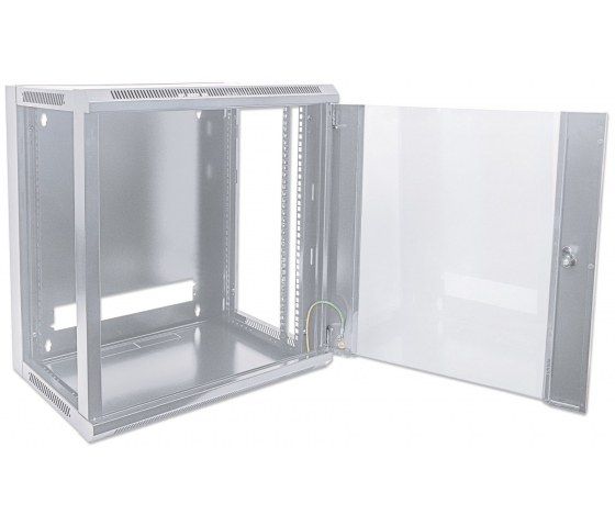 Armario mural de 19 pulgadas MHT108 con puerta de cristal - altura 9U - 450 mm de profundidad - flatpack - gris