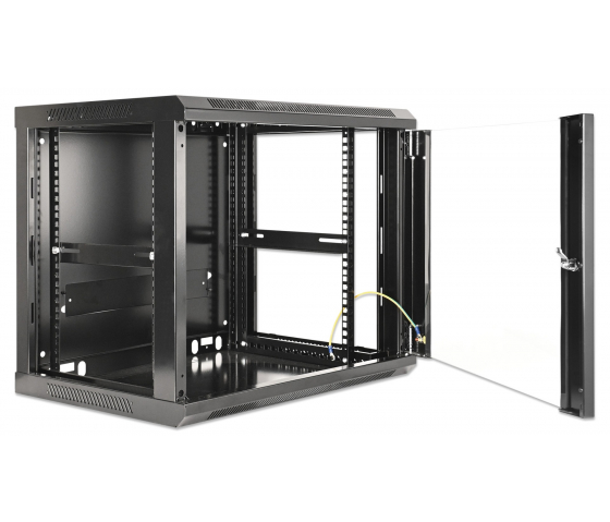 19 inch wandkast MHT146 met glazen deur - 9U hoogte - 450 mm diep - zwart
