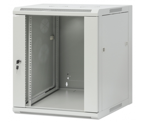 19 inch wandkast MHT118 met glazen deur - 12U hoogte - 600 mm diep - flatpack - grijs