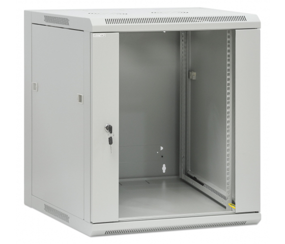 19 inch wandkast MHT118 met glazen deur - 12U hoogte - 600 mm diep - flatpack - grijs