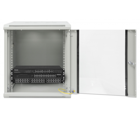 19 inch wandkast MHT118 met glazen deur - 12U hoogte - 600 mm diep - flatpack - grijs