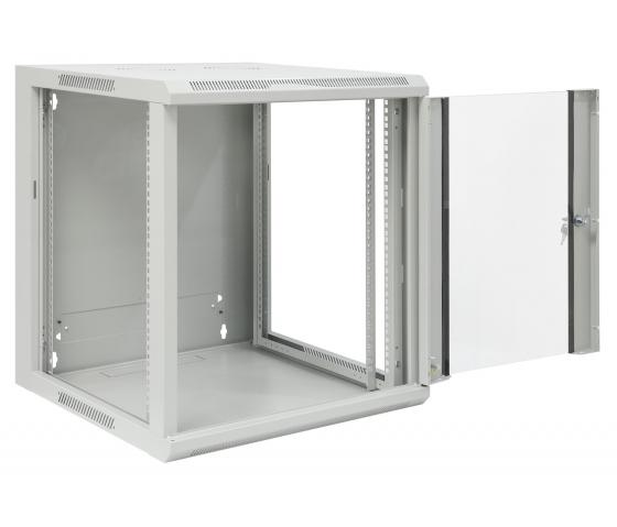 19 inch wandkast MHT118 met glazen deur - 12U hoogte - 600 mm diep - flatpack - grijs