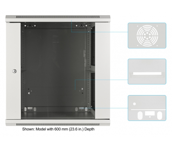 19 inch wandkast MHT137 met glazen deur - 12U hoogte - 450 mm diep - grijs