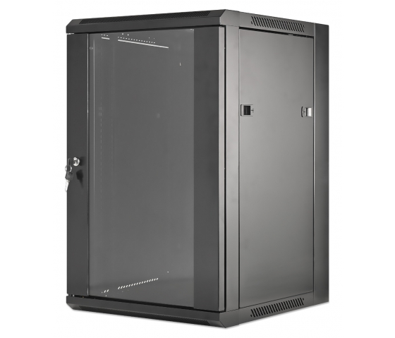 19 inch wandkast MHT124 met glazen deur - 15U hoogte - 450 mm diep - flatpack - zwart