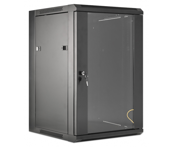 19 inch wandkast MHT124 met glazen deur - 15U hoogte - 450 mm diep - flatpack - zwart