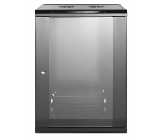 19 inch wandkast MHT124 met glazen deur - 15U hoogte - 450 mm diep - flatpack - zwart