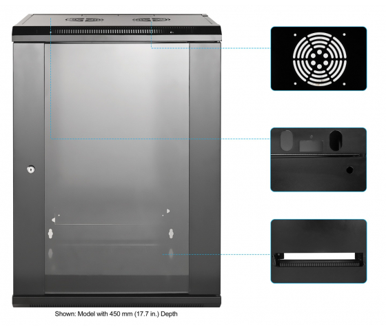 19-inch wall cabinet MHT125 with glass door - 15U height - 600 mm deep - flatpack - black