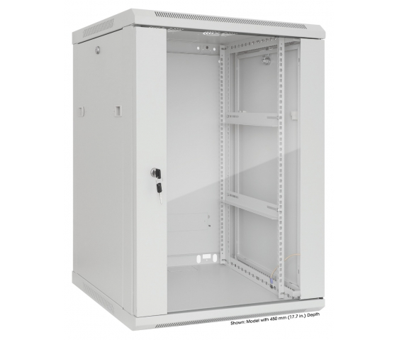 19 inch wandkast MHT143 met glazen deur - 15U hoogte - 600 mm diep - grijs