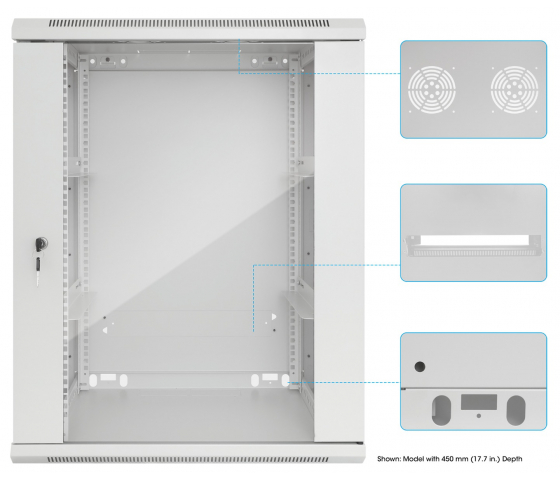 19 inch wandkast MHT143 met glazen deur - 15U hoogte - 600 mm diep - grijs