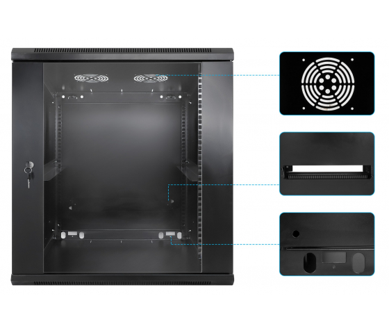 19 inch wandkast MHT138 met glazen deur - 12U hoogte - 600 mm diep - zwart