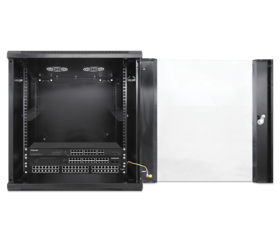 19 inch wandkast MHT138 met glazen deur - 12U hoogte - 600 mm diep - zwart