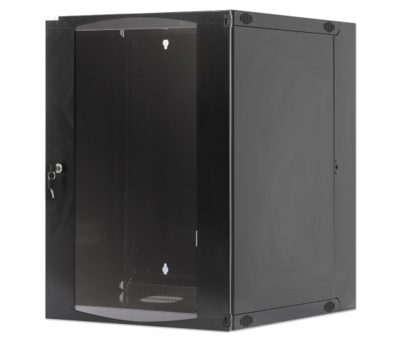 19 inch wandkast MHT129 met glazen deur - 15U hoogte - dubbele sectie - 600 mm diep - flatpack - zwart