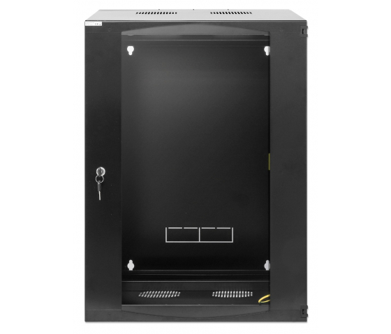 19 inch wandkast MHT129 met glazen deur - 15U hoogte - dubbele sectie - 600 mm diep - flatpack - zwart