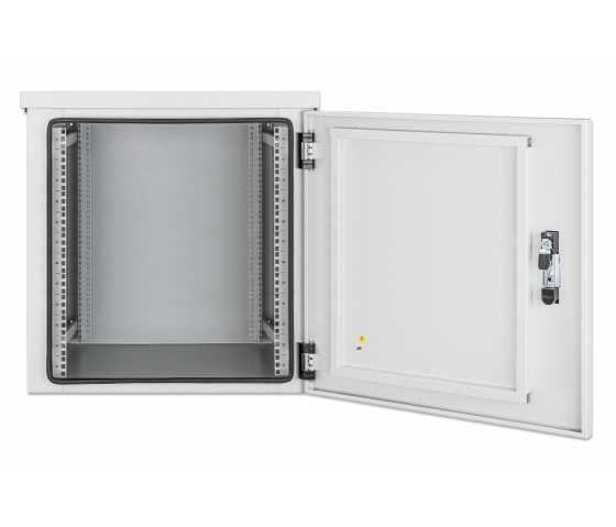 19 inch industriële IP55 outdoor wandkast MHT158 met geïntegreerde ventilatoren - stof- en waterdicht - 12U hoogte - 600 mm diep - grijs