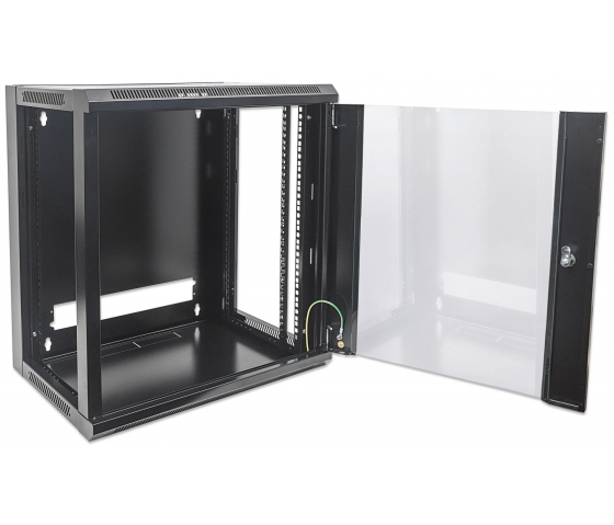 19 inch wandkast MHT101 met glazen deur - 6U hoogte - 450 mm diep - flatpack - zwart