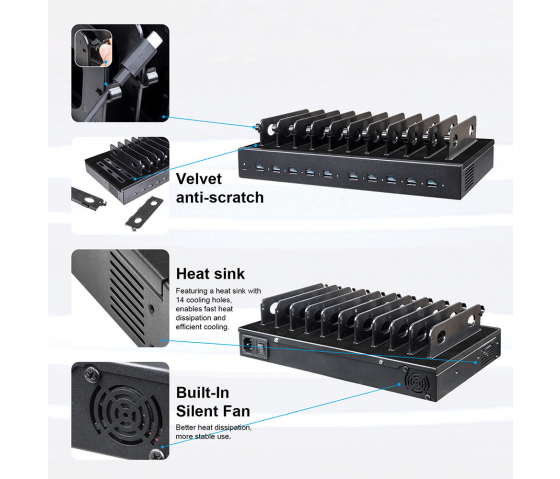 10 port Dual Charge USB-A/USB-C 1000W ladestation - sort