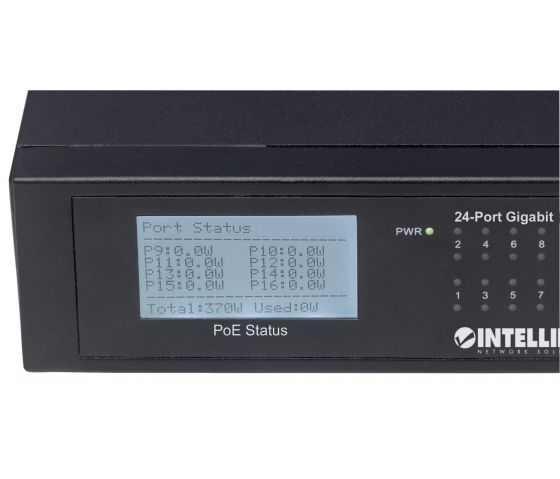24 portars Gigabit Ethernet PoE+-switch med LCD - 370W PoE, rackmonterad
