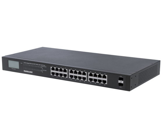 24 portars Gigabit Ethernet PoE+-switch med LCD - 370W PoE, rackmonterad