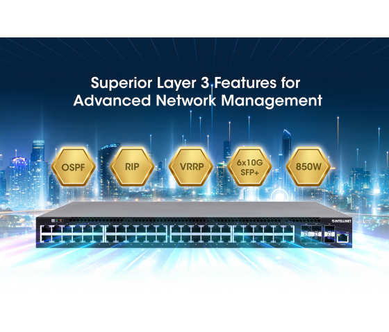 54-portars L3 Managed PoE+ Switch med 6 SFP+ Uplinks - 850W PoE, Rackmount