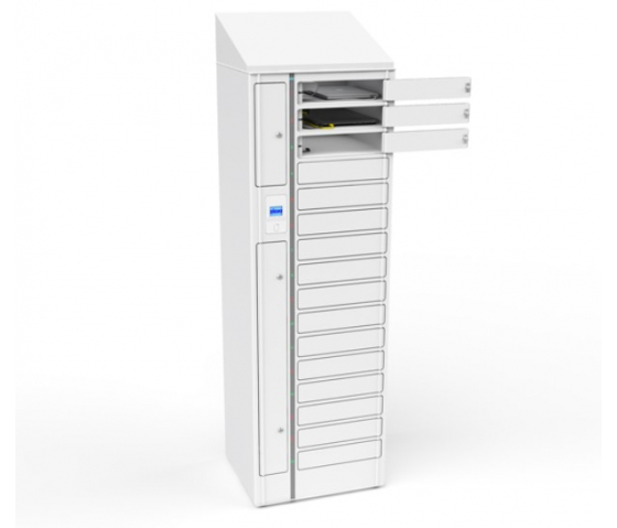 Taquilla de carga BYOD Volt AC & USB-C VLSB-16S-MAC-O# que incluye cables USB-C para 16 dispositivos de hasta 17 pulgadas - Bloqueo RFID + Control web.