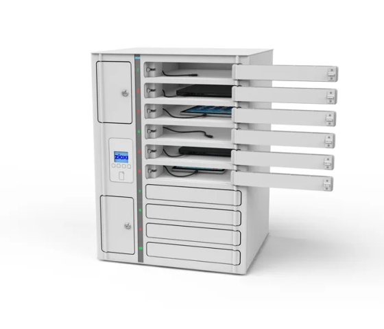 Zioxi Volt 1:1 charging locker for 10 tablets & laptops up to 14 inches – power sockets – RFID & Zioxi onView