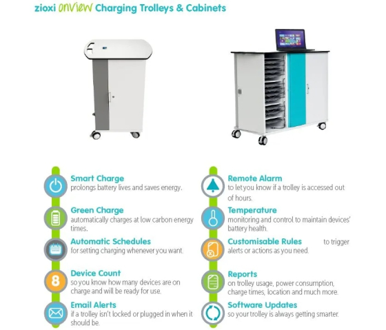 Tablet charging cart with remote management for 16 to 32 iPads and tablets to 11 inch - Zioxi onView