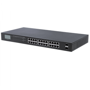 Switch 24 porte Gigabit Ethernet PoE+ con LCD - 370W PoE, montaggio a rack