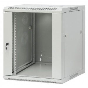 19 inch wandkast MHT118 met glazen deur - 12U hoogte - 600 mm diep - flatpack - grijs