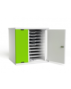 Storage, charging and universal sync for 10 iPads and Tablets. Lockable door with code lock.
